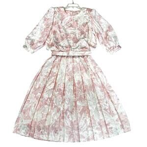 Vintage 80s Von Bramlett Pink Floral Metallic Secretary Dress Size Medium